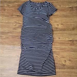 Isabel Maternity Bodycon Midi Striped Dress - Navy Blue - Size Small